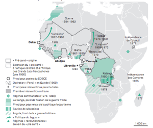 Map: "French geopolitics in Africa and Foccart's legacy" (1960-1991), from Bat's article in Afrique Contemporaine.
