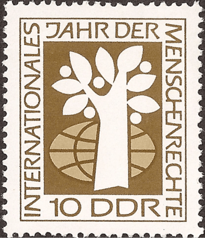 Stamp commemorating International Human Rights Year 1968. The tree and globe represent the right to life.