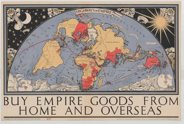 A 1927 pictoral map with all the dominions and trade routes. British Empire Marketing Board.   (Library and Archives Canada, Acc. No. 1983-27-382 Copyright expired.)