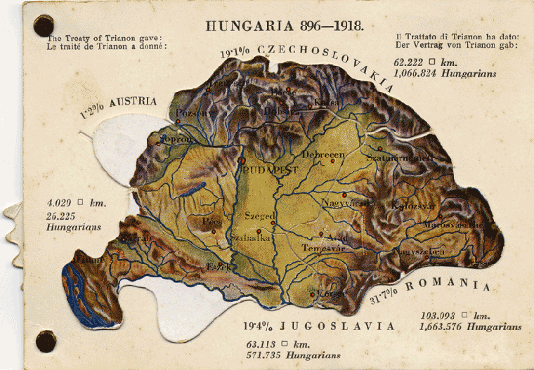 A mechanical postcard-form protest published by the Hungarian's Women's National Association, 1920, protesting the division of Hungaria by the Treaty of Trianon. A dial on the side of the card splits the country into its new political boundaries. Wofsonian