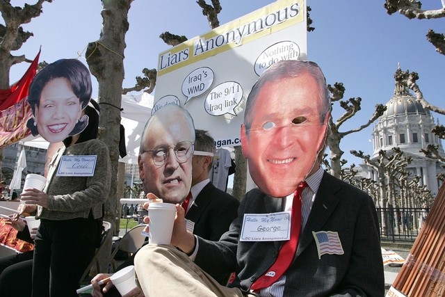 Anti-war demonstrators mock Rice, Cheney and Bush on 3rd anniversary of Iraq invasion. Justin Sullivan, AFP, Getty Images.