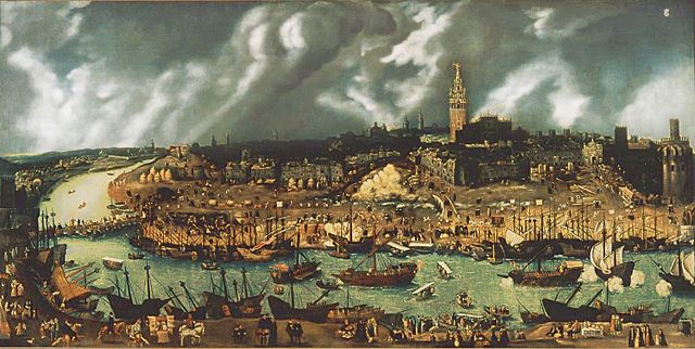 Boats-in-the-Puerto-de-Indias-on-the-river-Guadalquivir-in-the-16th-century.-