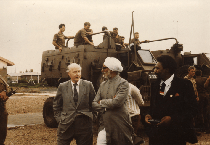 Mission of the Commonwealth Eminent Persons Group to South Africa 1986 Pictured: Lord Tony Barber (UK) and Sardar Swaran Singh (India) among SADF military mounted on casspirs.
