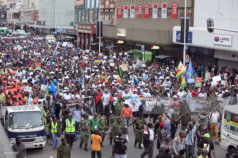 Thousands take part in the 'peace march' against xenophobia, Durban, South Africa, April 16, 2015. STRINGER/AFP/Getty Images.