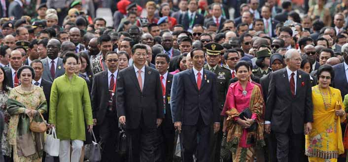 World leaders, including 22 Heads of State, marching to relive a 60-year old historical conference on human rights, sovereignty and world peace, April 2015, Bandung, Indonesia.