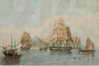 “Opium ships at Lintin in China, 1824,” by William John Huggins, 1828. Courtesy of Peabody Essex Museum.