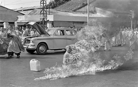 Thich Quang Duc, a Buddhist monk, sets himself on fire and burns to death, Saigon, Vietnam, June 11, 1963. 