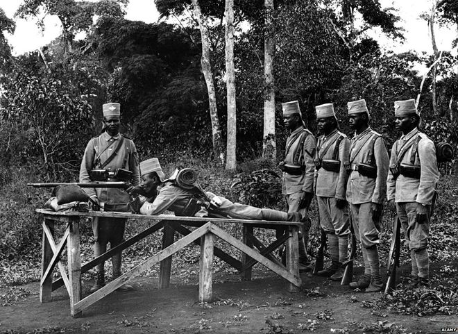 Photo of Askaris (local soldiers) during shooting practice in German East Africa (now Tanzania)