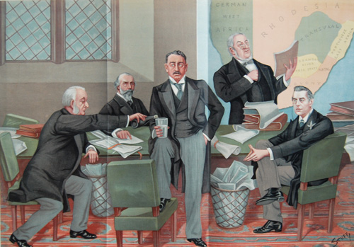 Empire makers and breakers' - Vanity Fair illustration of the House of Commons inquiry into the Jameson Raid, Nov. 1897. Sir William Harcourt (second from right) sought to use the Raid to attack the position of Cecil Rhodes (centre).