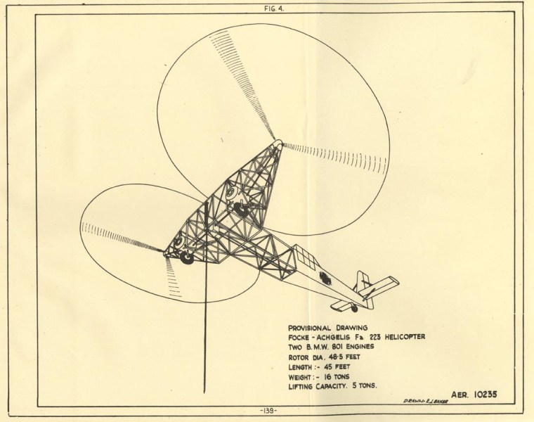 Allied drawing of a Focke-Achgelis Fa 223, a helicopter developed by Germany during the Second World War. Courtesy of Duke Library.
