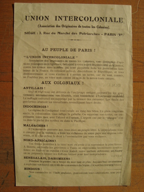 Flyer of the Intercolonial Union, 1925. Like many such flyers, this one had a multinational audience, but by addressing them as separate nationalities, it reinforced the notion of a world divided into structurally symmetric nations.