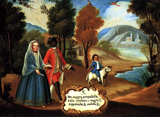 “De negro é española sale mulato” (A Black Man and a Spanish Woman Produce a Mulatto). Pintura de castas, ca. 1780.