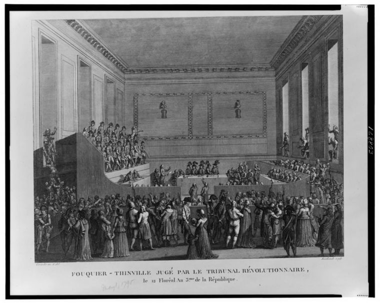 Pierre-Gabriel Berthault, ‘Fouquier-Thinville judged by the Revolutionary Tribunal’ (1795?). Antoine Fouquier-Tinville was the public prosecutor at the Paris Revolutionary Tribunal throughout the Terror. Soon after the fall of Robespierre (9 Thermidor Year II/27 July 1794) ushered in the Thermidorian Reaction against the Terror, Fouquier-Tinville was arrested. His trial in 1795 played an important role in shaping collective memories of Terrorist violence, not least because it was widely reported in print – as well as being depicted in etchings such as this one.