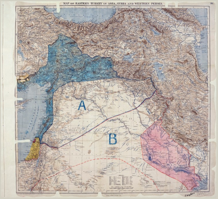 Map of the Sykes–Picot agreement, which was signed by Mark Sykes and François Georges-Picot on May 8, 1916. 