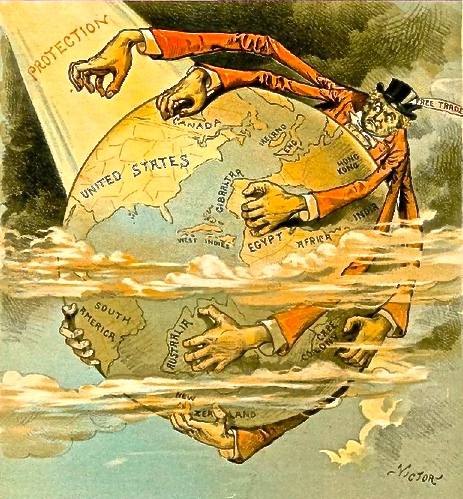 "Free Trade England Wants the Earth." Pro-Republican Judge Magazine depicts US protectionism shielding the country from the British free trade spider's grasp, 27 Oct. 1888.
