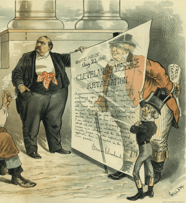 “Too Thin!” Judge insinuates that John Bull, holding a free-trade bill behind his back, hides behind Cleveland’s transparent message of retaliation over the Canadian fisheries dispute. Judge, 15 Sept. 1888.