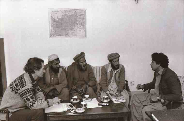 Anders Fange (to the left), the Swedish Committee for Afghanistan (SCA) representative in the SCA office in Peshawar in Pakistan. He is in a meeting with representatives (in the sofa) of a mujahidin front in Afghanistan in need of medical support. By the late 1970s, European activists who formerly sympathized with left-wing Third World regimes in the name of anti-imperialism allied with Islamist militias to challenge the Soviet Union and the Afghan socialist government in Kabul.