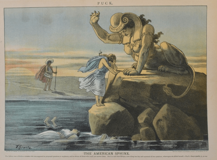 An 1883 Puck cartoon depicting the Republican Party standing before the Tariff Question Sphinx. The Independent Party Solution approaches in the distance, representing Oedipus, who, in Greek mythology, solves the riddles of the Sphinx.