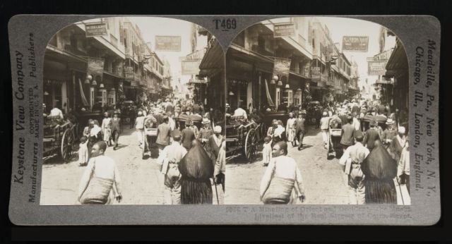 Stereograph from 1908 with the title “Mingling of Orient and Occident — the Muski, Liveliest of the Real Streets of Cairo, Egypt”, from the Travelers in the Middle East Archive: http://scholarship.rice.edu/handle/1911/5570