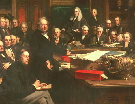 Lord Palmerston Addressing the House of Commons During the Debates on the Cobden–Chevalier Treaty in February 1860, as painted by John Phillip (1863).