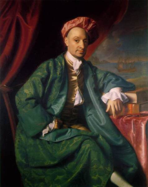 Nicholas Boylston, a wealthy Boston merchant, wearing a green banyan and Indian-style cap by John Singleton Copley. 1767. Harvard University. Wikipedia Commons.