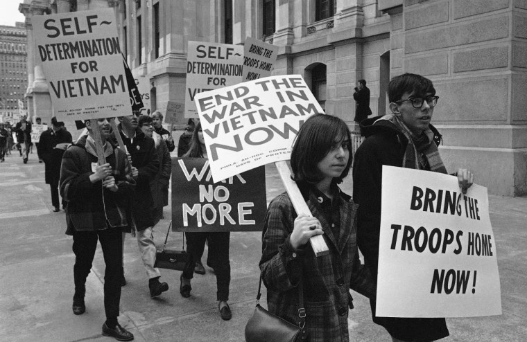  Peace activists march in protest against the Vietnam War in 1968. (AP Photo/Bill Ingraham)