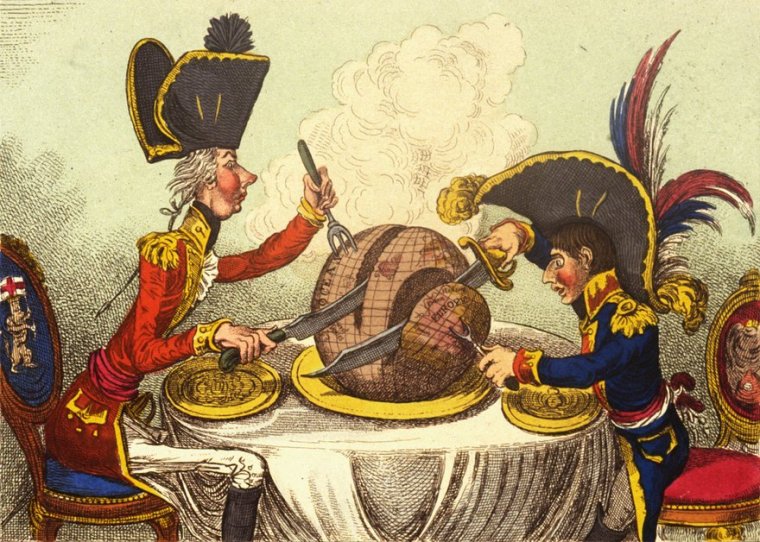 James Gillray’s 1805 cartoon, The Plumb Pudding in Danger, depicts prime minister William Pitt and Napoleon Bonaparte carving up the world Photograph: Rischgitz/Getty Images