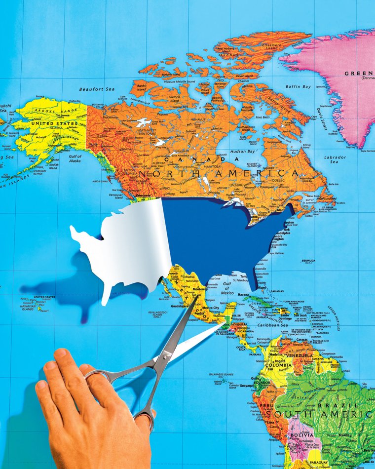 Photo illustration by Maurizio Cattelan and Pierpaolo Ferrari. Map: Rand McNally.