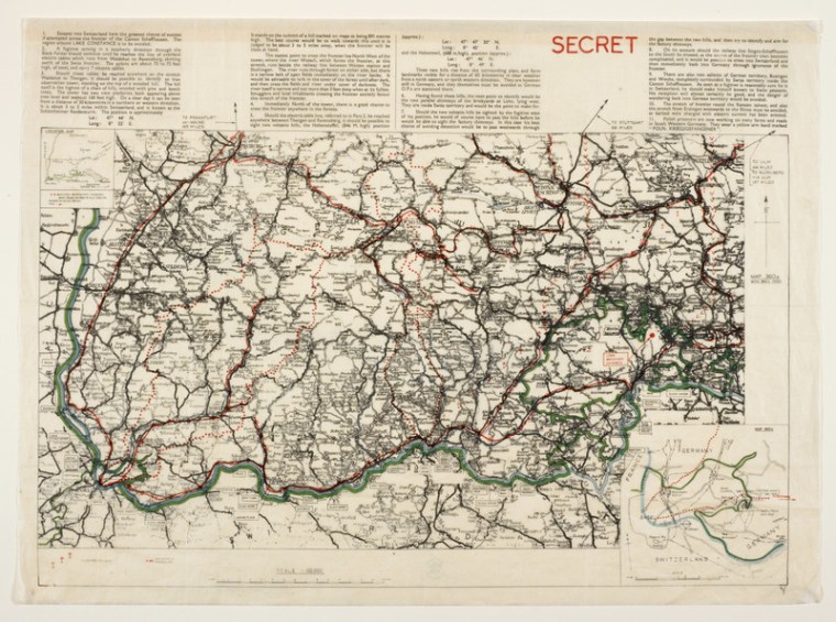 A silk map of the German/Swiss border, featuring detailed escape instructions and clearly designated “SECRET.” BRITISH LIBRARY/PUBLIC DOMAIN