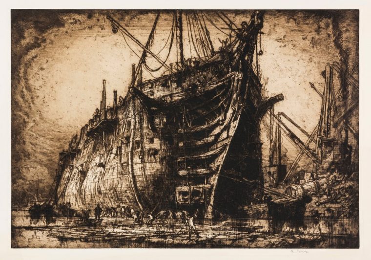 Frank Brangwyn: The last of the HMS Britannia, c 1917, from 'East meets west: Frank Brangwyn and Yoshijiro Urushibara's collaborations – in pictures'